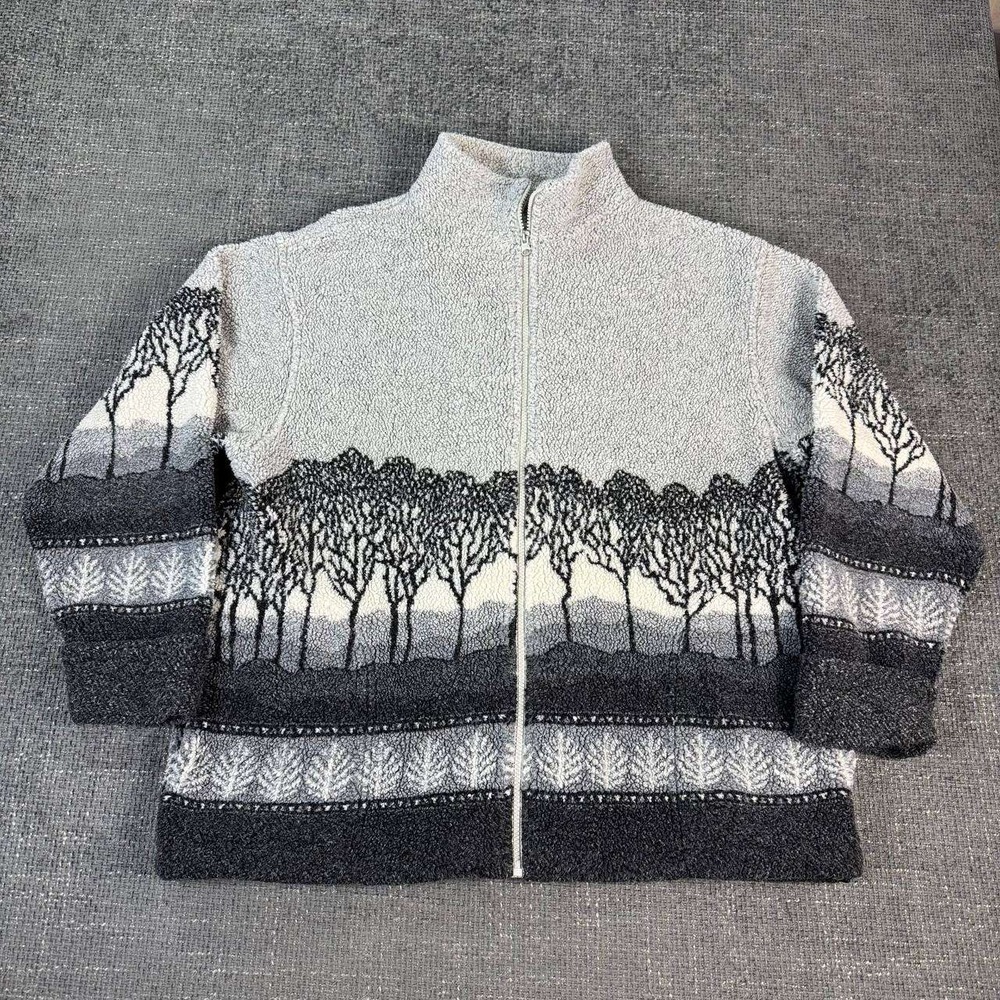 Northern Reflections Landscape Fleece Jacket Unisex Large Gray Tree Graphic Y2K
